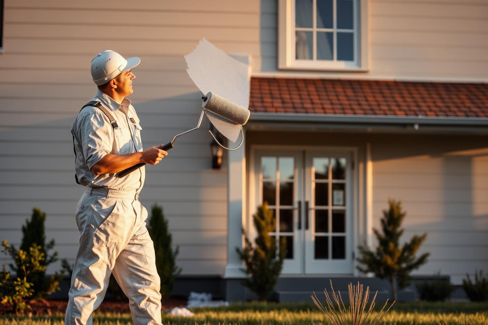 Professional painter applying fresh paint to a residential exterior